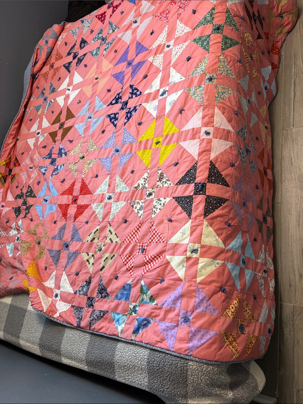 Vintage Handmade Pink Patchwork Quilt - Vibrant Geometric Bedspread